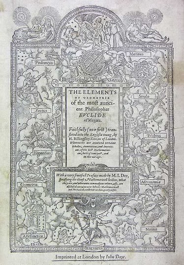 The title page of the first English edition of Euclid, with woodcut illustrations showing the branches of mathematics