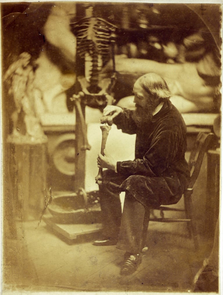Photographic portrait of a man fixing a skeleton in an art studio