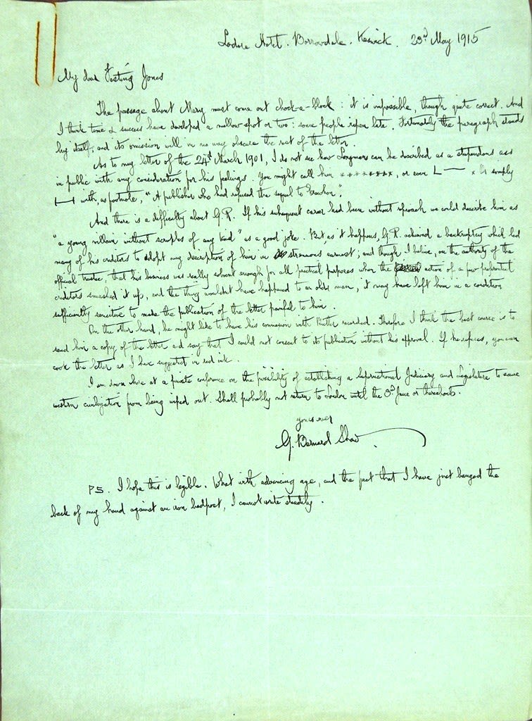 Autograph manuscript letter from George Bernard Shaw