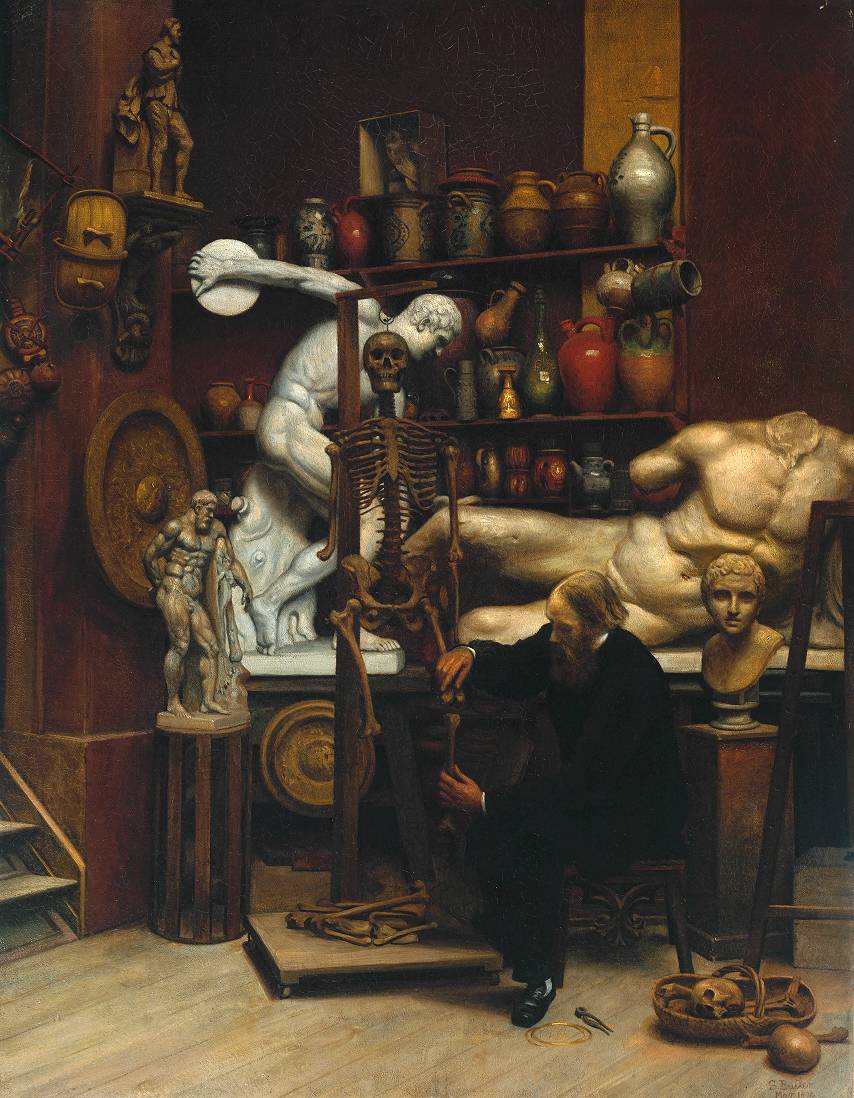 Oil painting of a man fixing a skeleton in an art studio