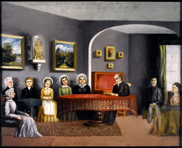 Oil painting showing a pious family group seated round a table
