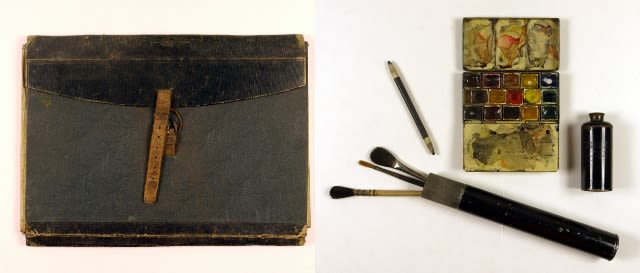 Sketching portfolio, tin paintbox and brushes
