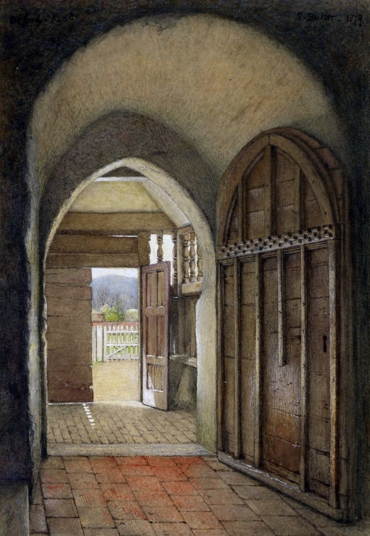 Watercolour showing a view through a church doorway from inside