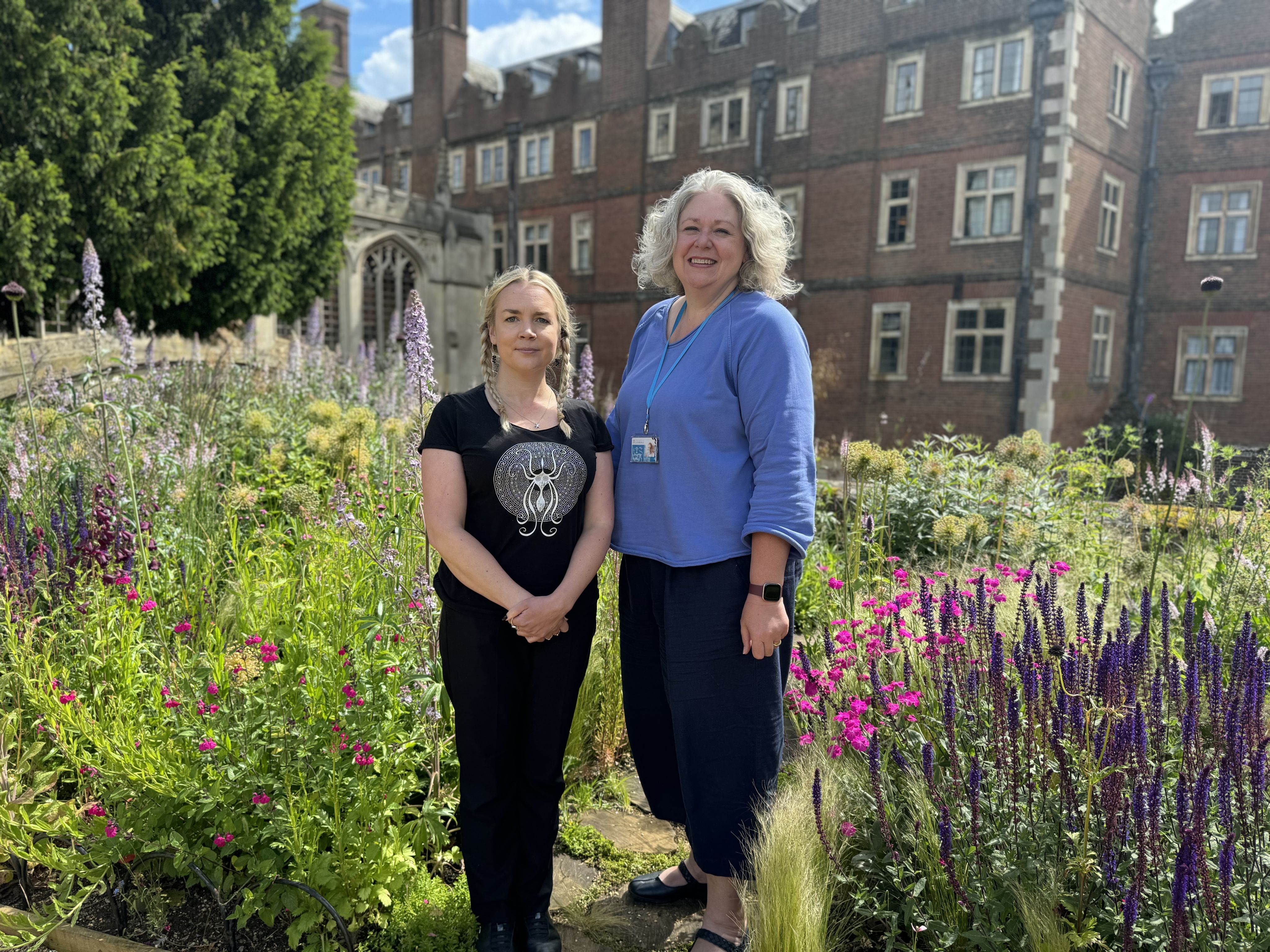 Jessica Tearney-Pearce and Vicky Jeffries in the gardens of St John's College