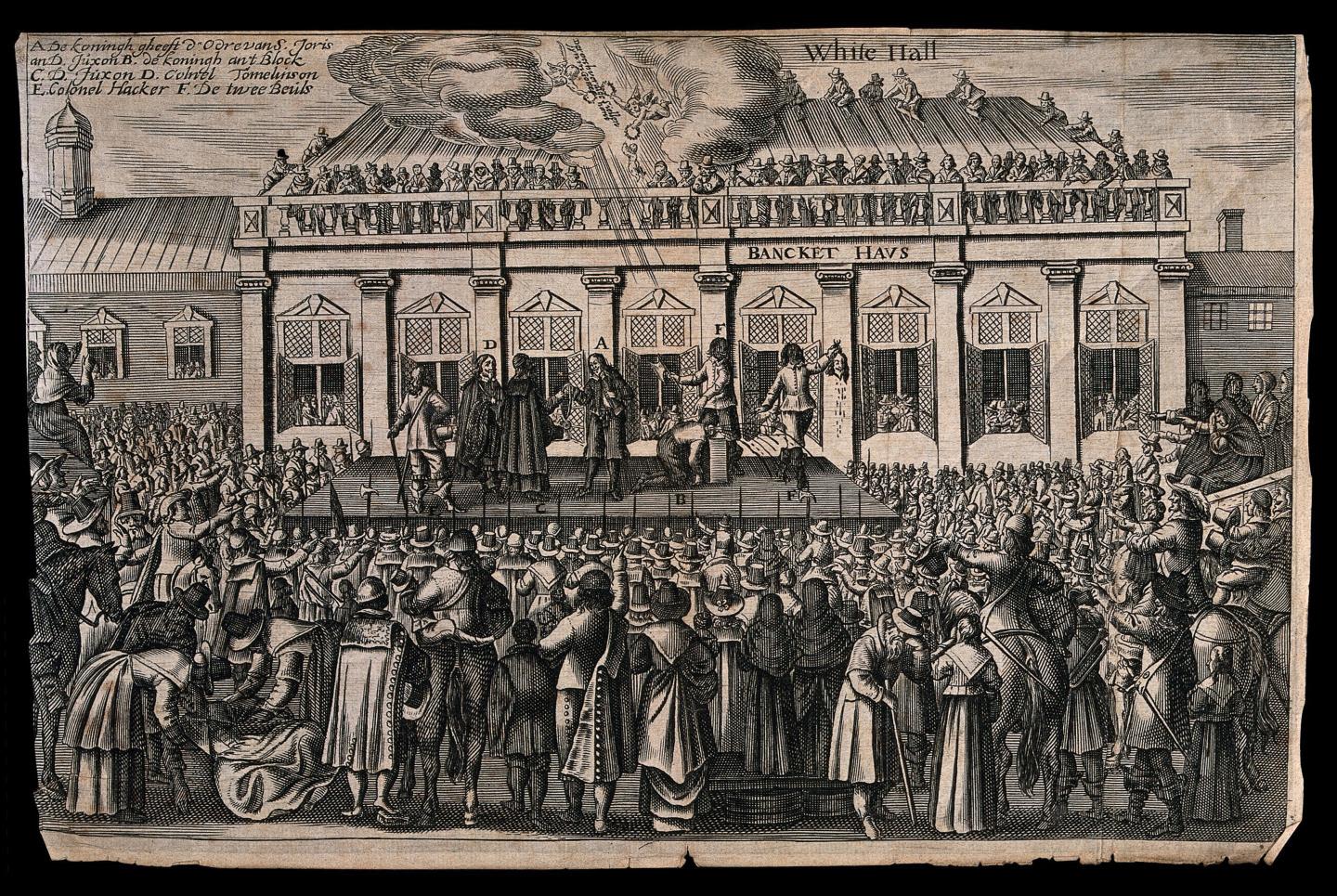 The beheading of King Charles I, who was convicted of treason and executed outside Banqueting House, Whitehall, in 1649. Engraving with etching. Image credit: Wellcome Collection.